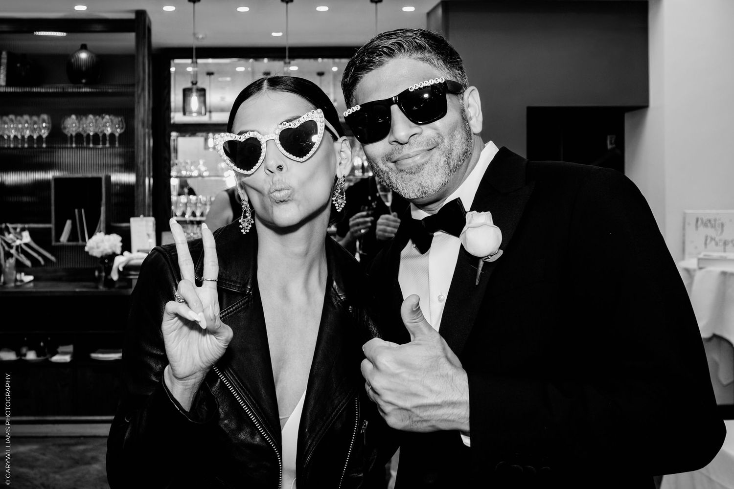 Black and white photo montage showing people posing casually in sunglasses at various social gatherings.
