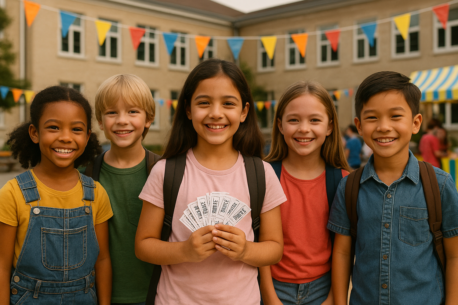Students standing together outdoors at school with colorful banners in background.