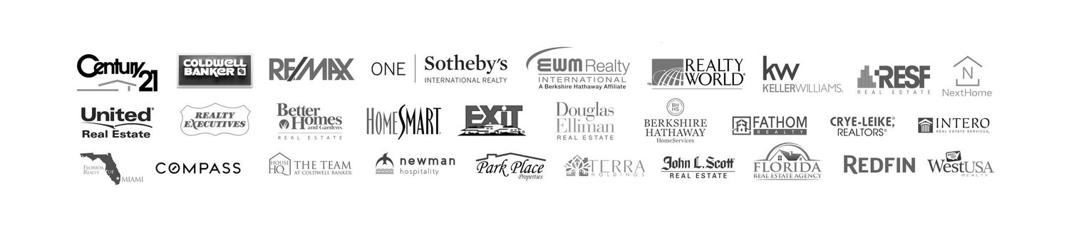 A horizontal row of real estate company logos including RE/MAX, Sotheby's, and Coldwell Banker arranged on white background.