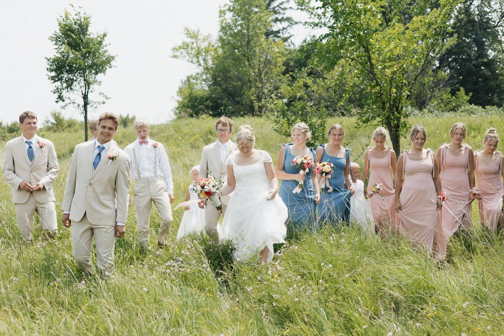 Wedding party walks through a meadow with bridesmaids in pink and blue dresses.