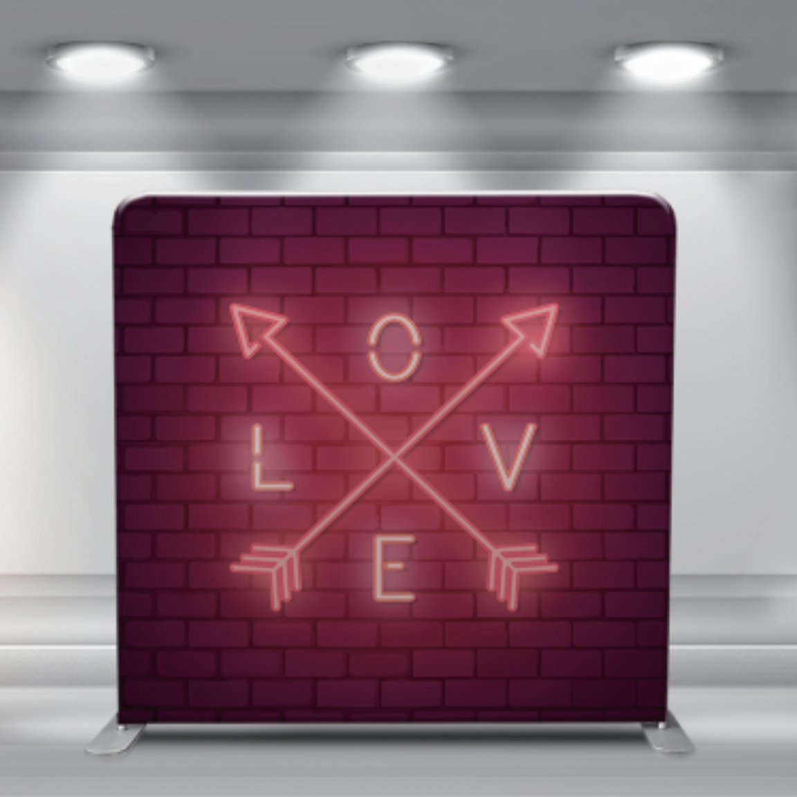 Neon love sign with crossed arrows on burgundy brick wall backdrop.