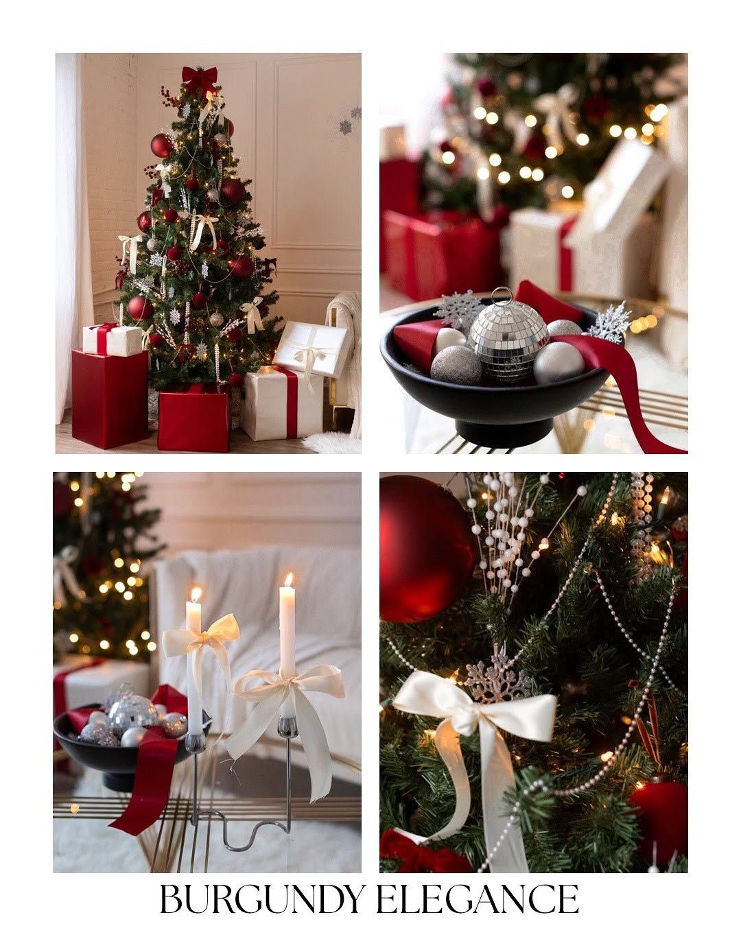 Elegant burgundy and gold Christmas decor collection featuring decorated trees, wrapped gifts, and candlelit settings.