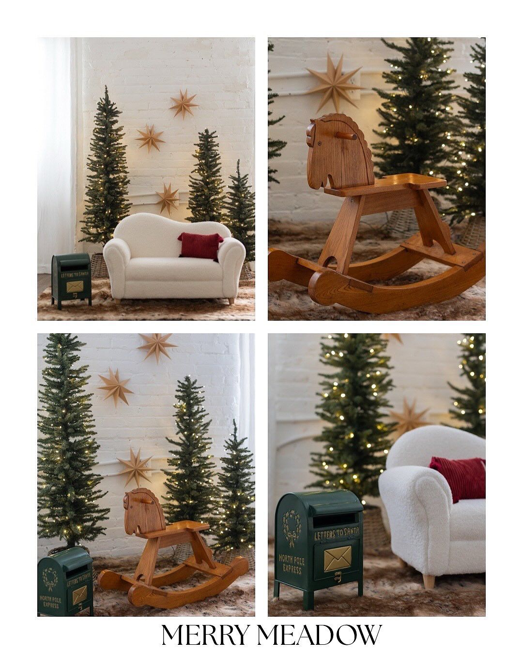 A cozy holiday scene with white sofa, wooden rocking horse, and gold star decorations among evergreen trees.