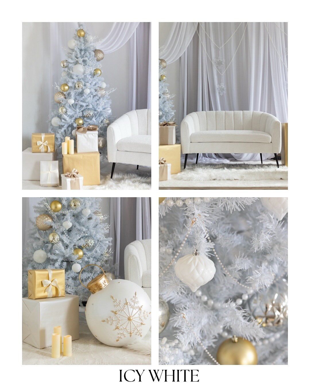 Elegant white Christmas tree decorated with gold ornaments and silver accents beside wrapped presents in a bright room.