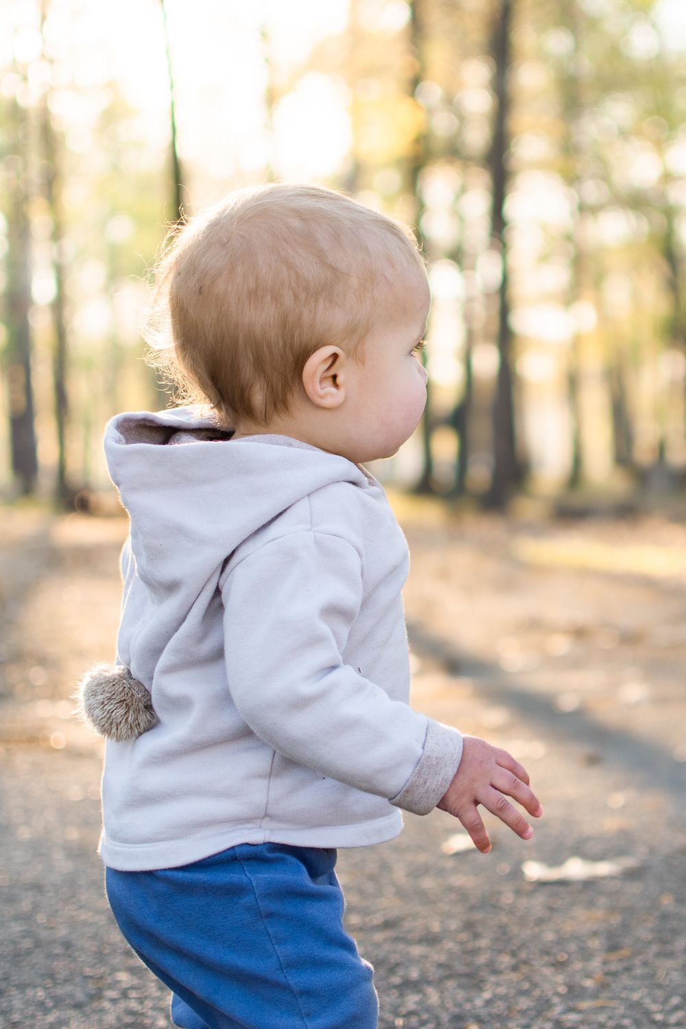 Small child in grey hoodie and blue pants walking outdoors in autumn forest.