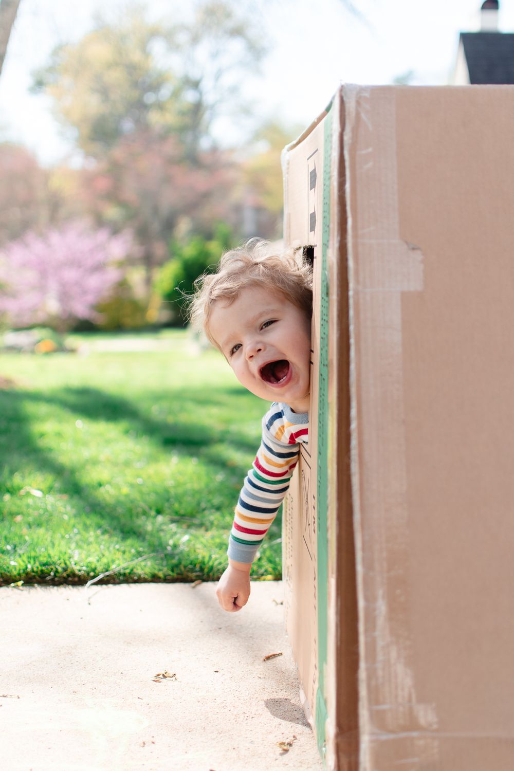 Playful peek around a corner outdoors with blooming cherry trees in the background.