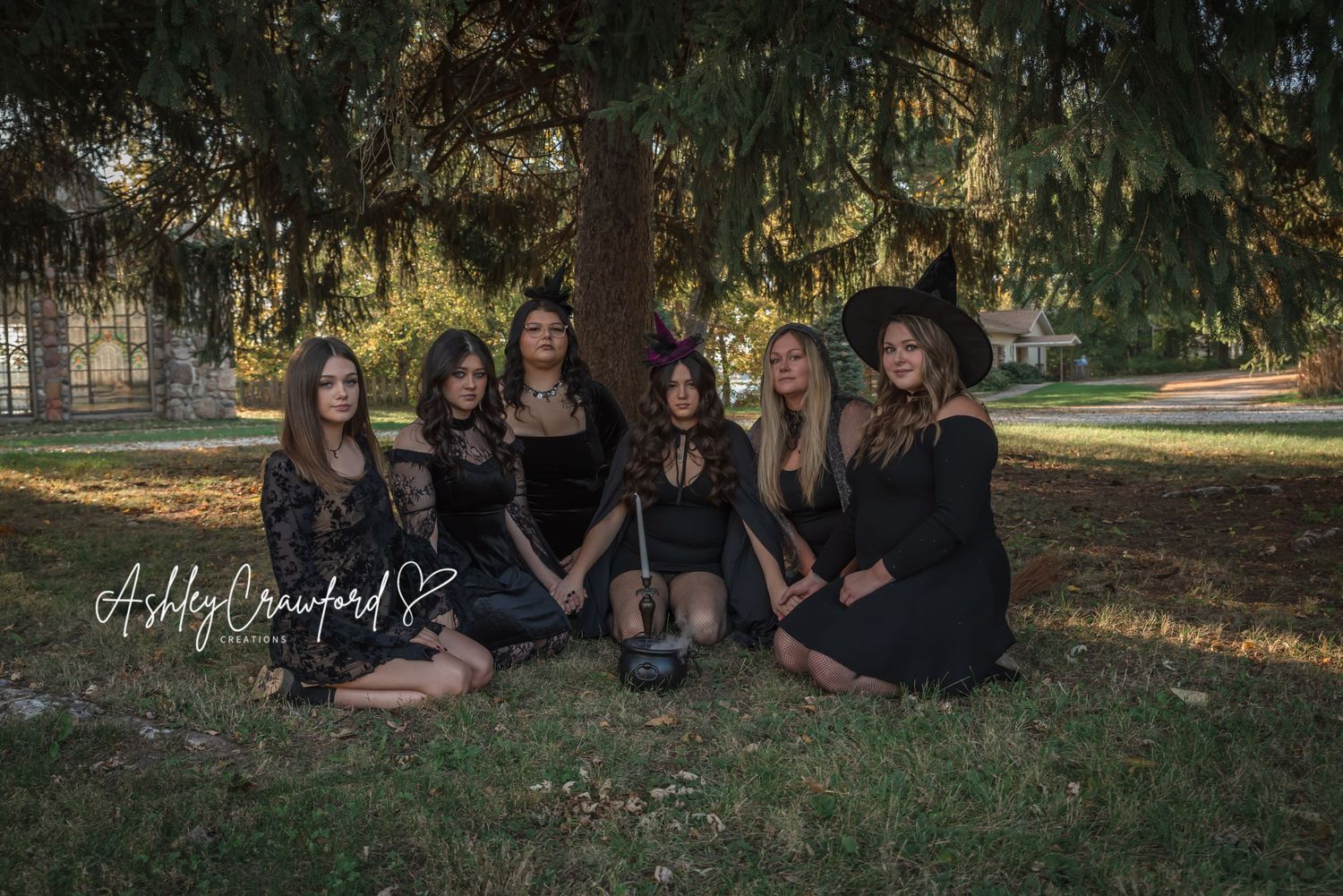 Group in black dresses poses on autumn grass beneath pine trees.