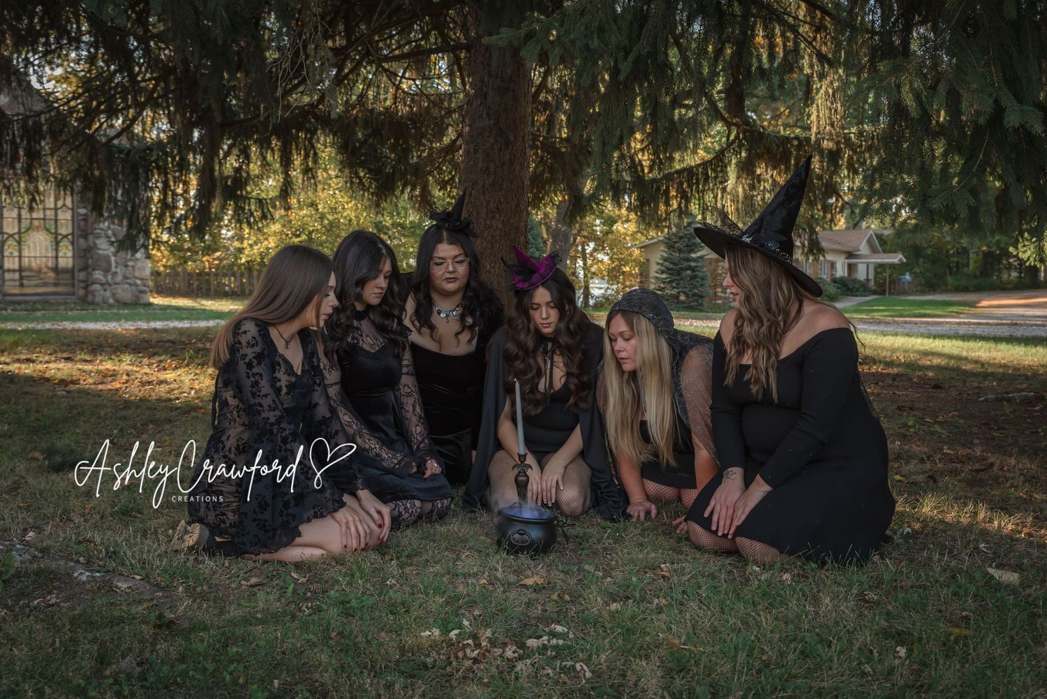 Group in witchy attire sits together on grass under evergreen trees.