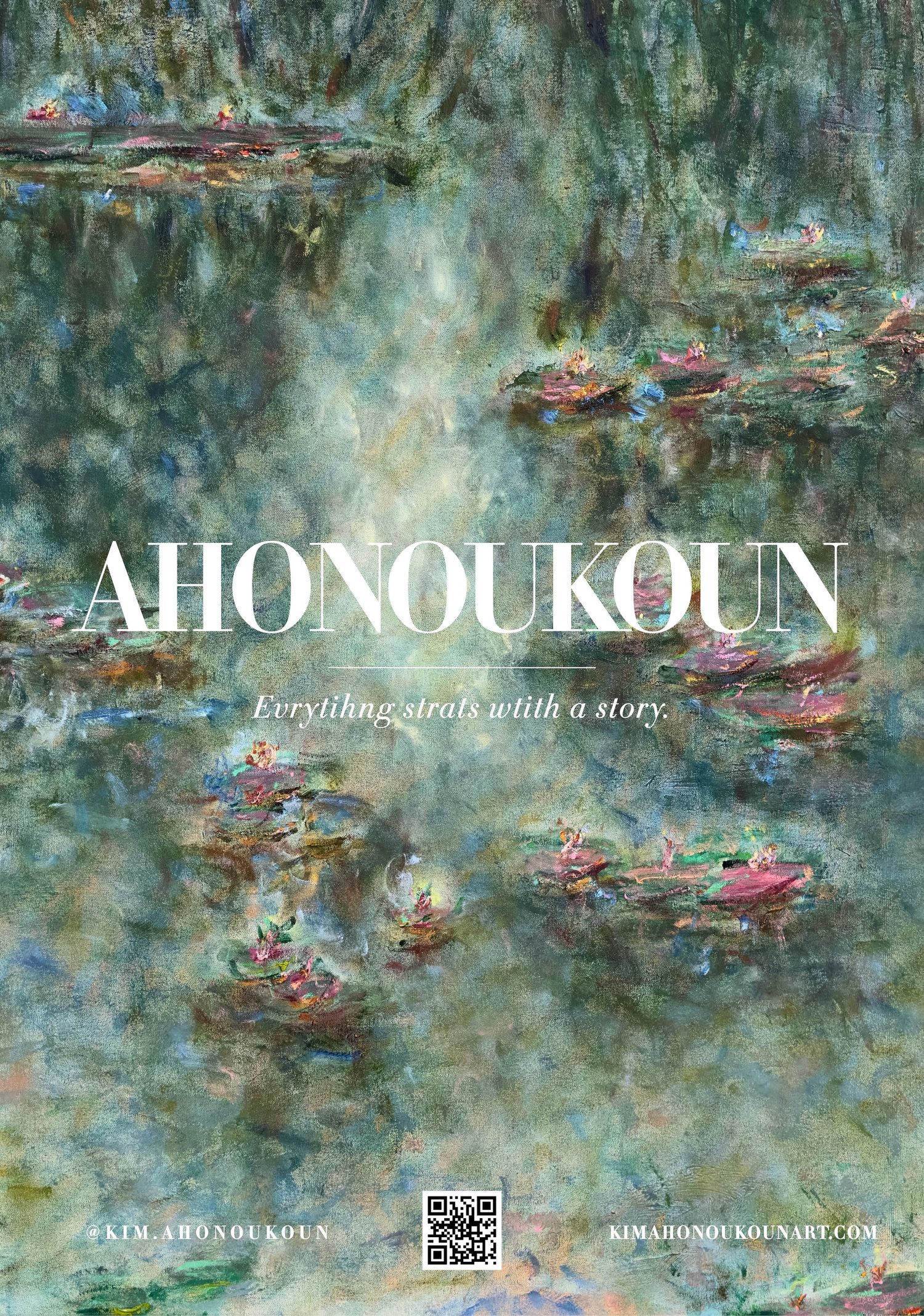 Impressionistic painting of water lilies floating on a misty pond in muted green and blue tones with text overlay.