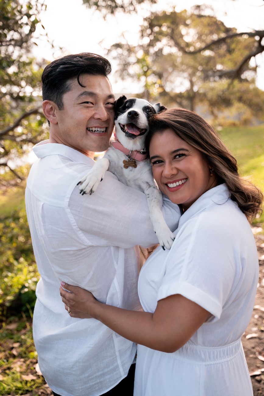 couple and their rescued dog during a photoshoot in Sydney