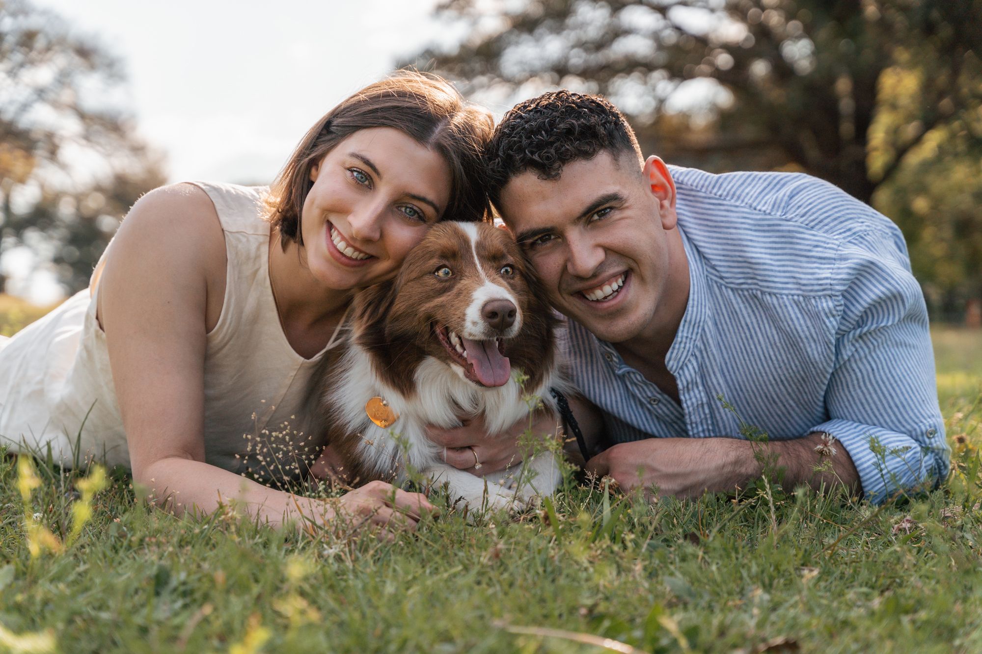 Couple during their engagement photoshoot with their border collie dog in Sydney