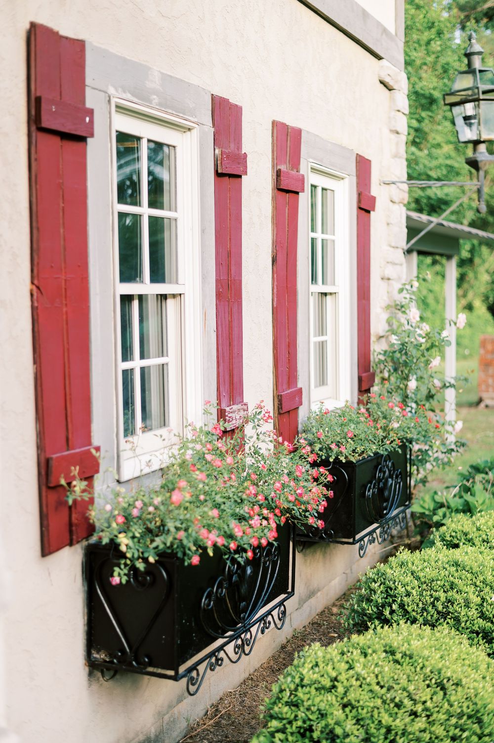 Traditional house exterior with white windows, red shutters, and black window boxes filled with pink flowers and greenery.