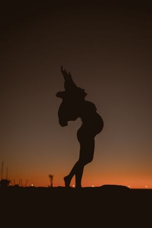 Dramatic silhouettes of people in motion against an orange sunset backdrop.