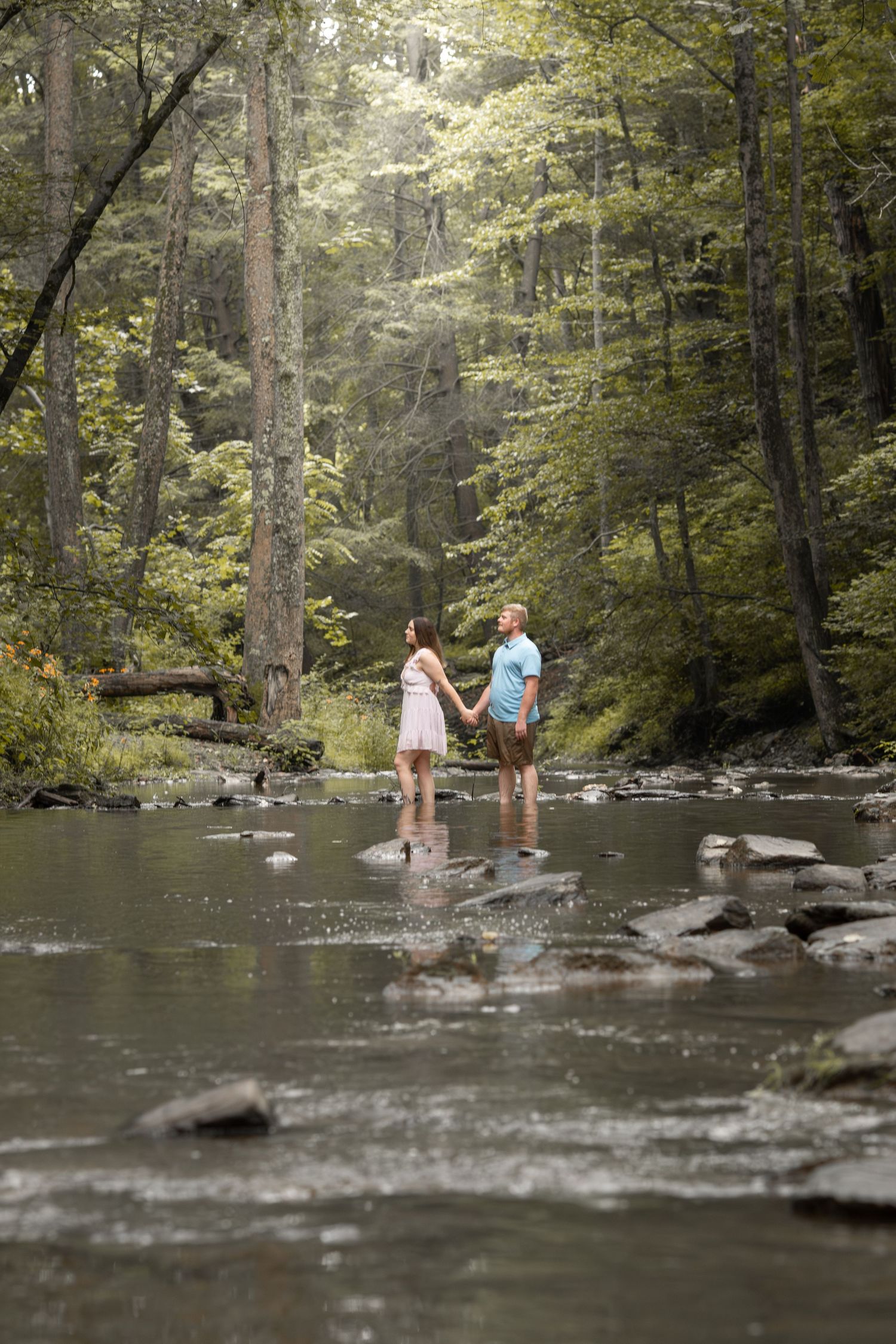 A couple walks through a serene forest stream surrounded by tall trees.