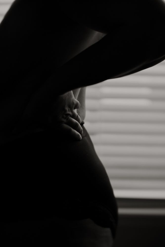Moody black and white silhouette photograph showing elegant curves against venetian blinds.