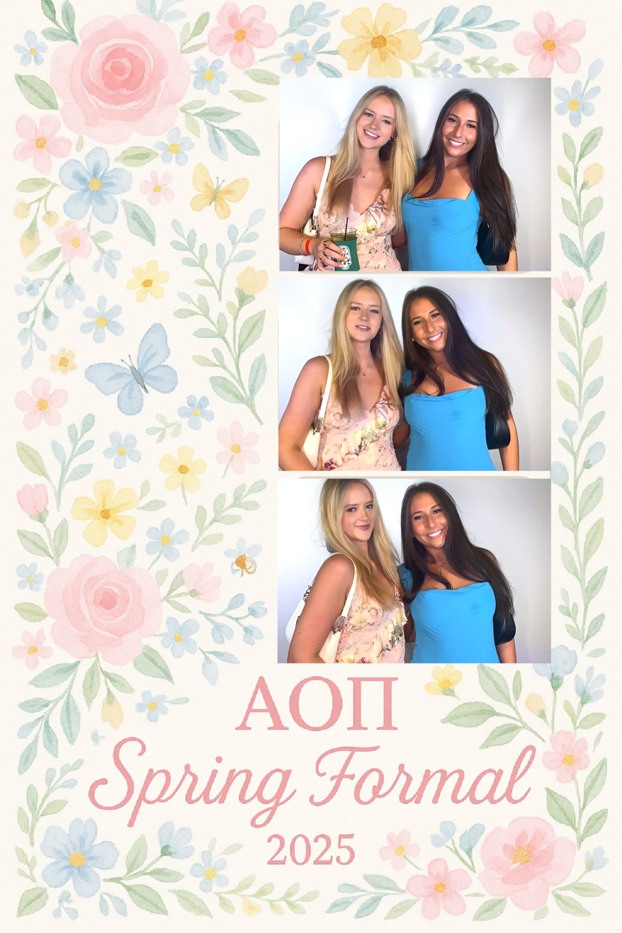 Floral-framed photo booth strip showing friends posing at a sorority spring formal event.