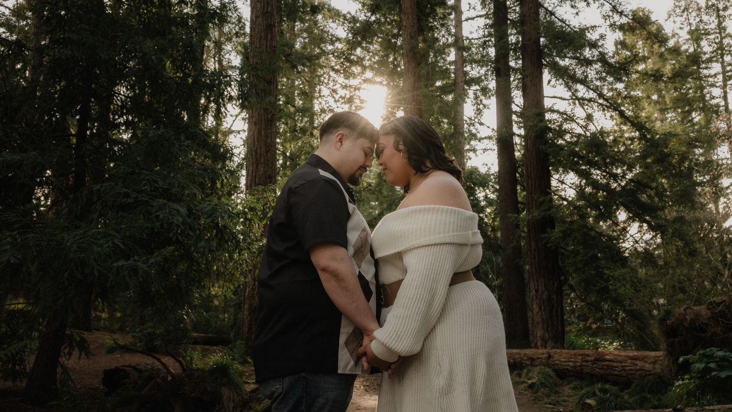 A couple embraces in a serene forest setting at sunset with sunlight filtering through towering trees.
