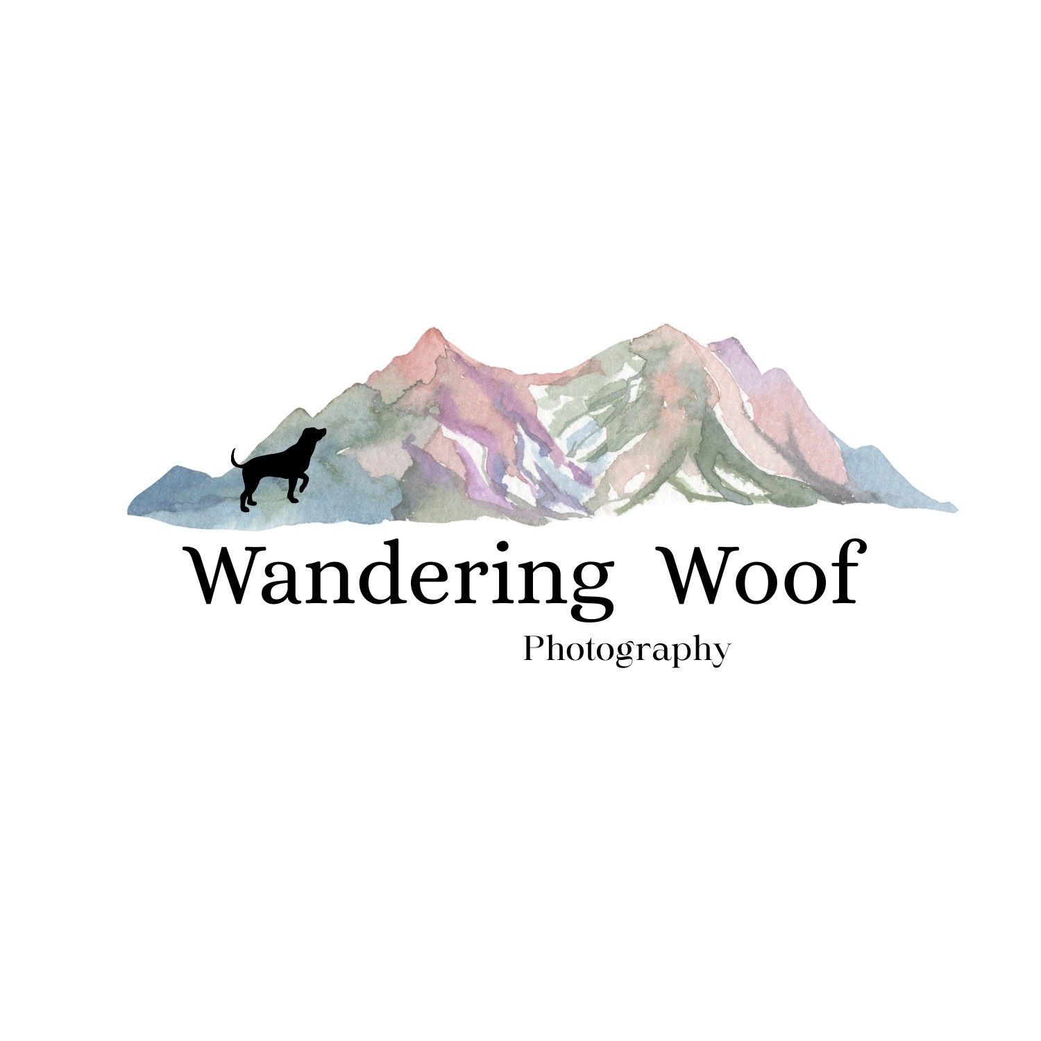 Watercolor mountain range logo design with paw prints and "Wandering Woof Photography" text underneath.