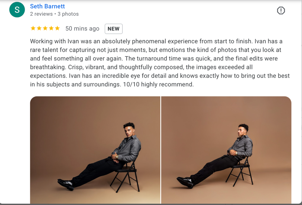 Five-star Google review for Ivan photographer with client photo sitting on chair in studio setting.