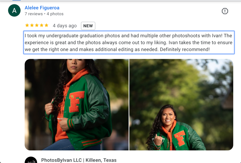 Five-star Google review for PhotosByIvan LLC in Killeen Texas featuring graduation photoshoot client.