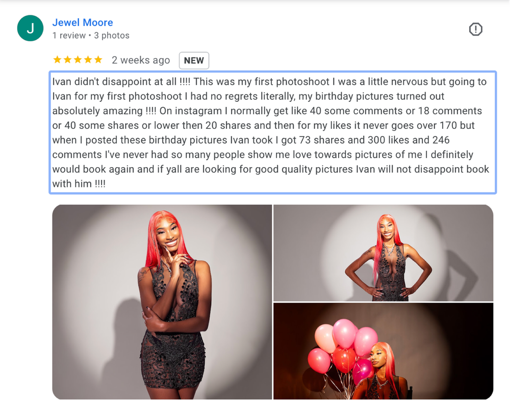 Five-star Google review for Ivan photographer featuring birthday photoshoot with vibrant pink outfit.