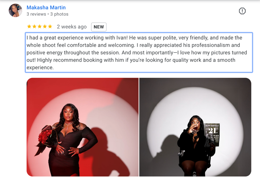 Five-star Google review for PhotosByIvan LLC featuring woman in black dress with red background.