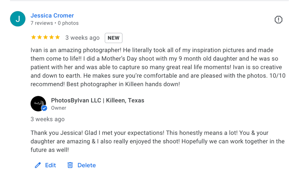 Five-star Google review for PhotosByIvan LLC Killeen Texas best photographer Mother daughter shoot.