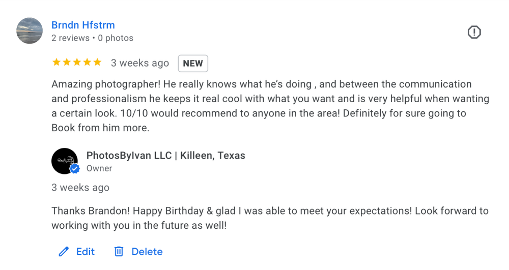 Five-star Google review praising PhotosByIvan LLC photographer professionalism in Killeen Texas.