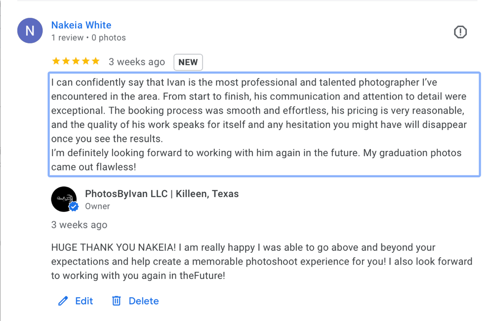 Five-star Google review for PhotosByIvan LLC praising professional talented photographer in Killeen.