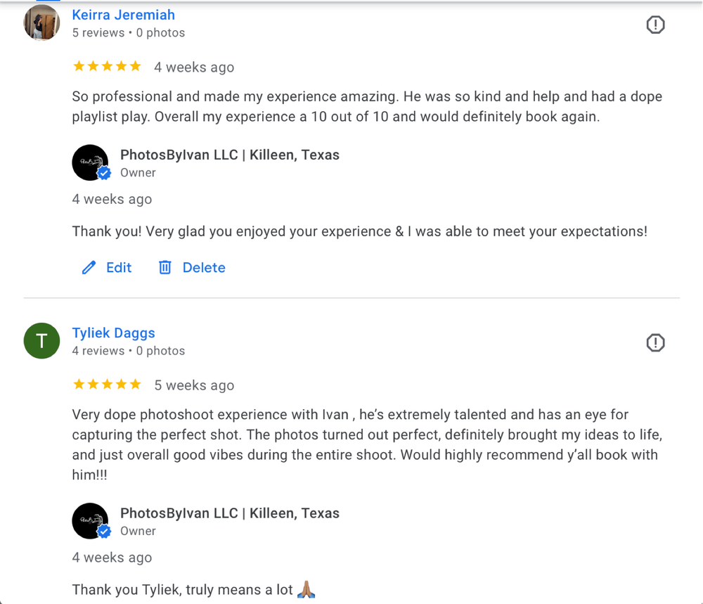Five-star Google reviews for PhotosByIvan LLC Killeen Texas praising professional photoshoot experience.