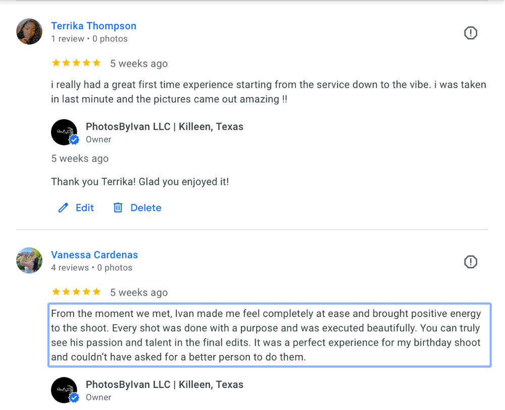 Five-star Google reviews for PhotosByIvan LLC, a portrait photography studio located in Killeen, Texas.