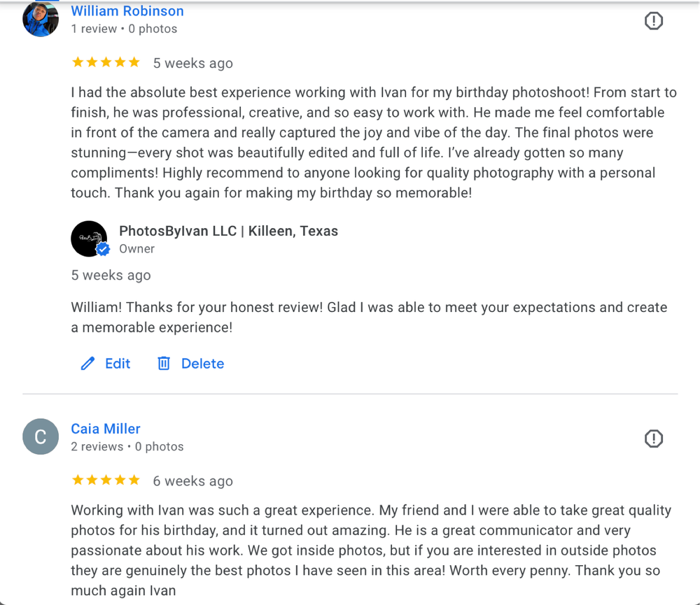 Positive Google reviews praising Ivan from PhotosByIvan LLC for professional birthday and portrait photography in Killeen, Texas.