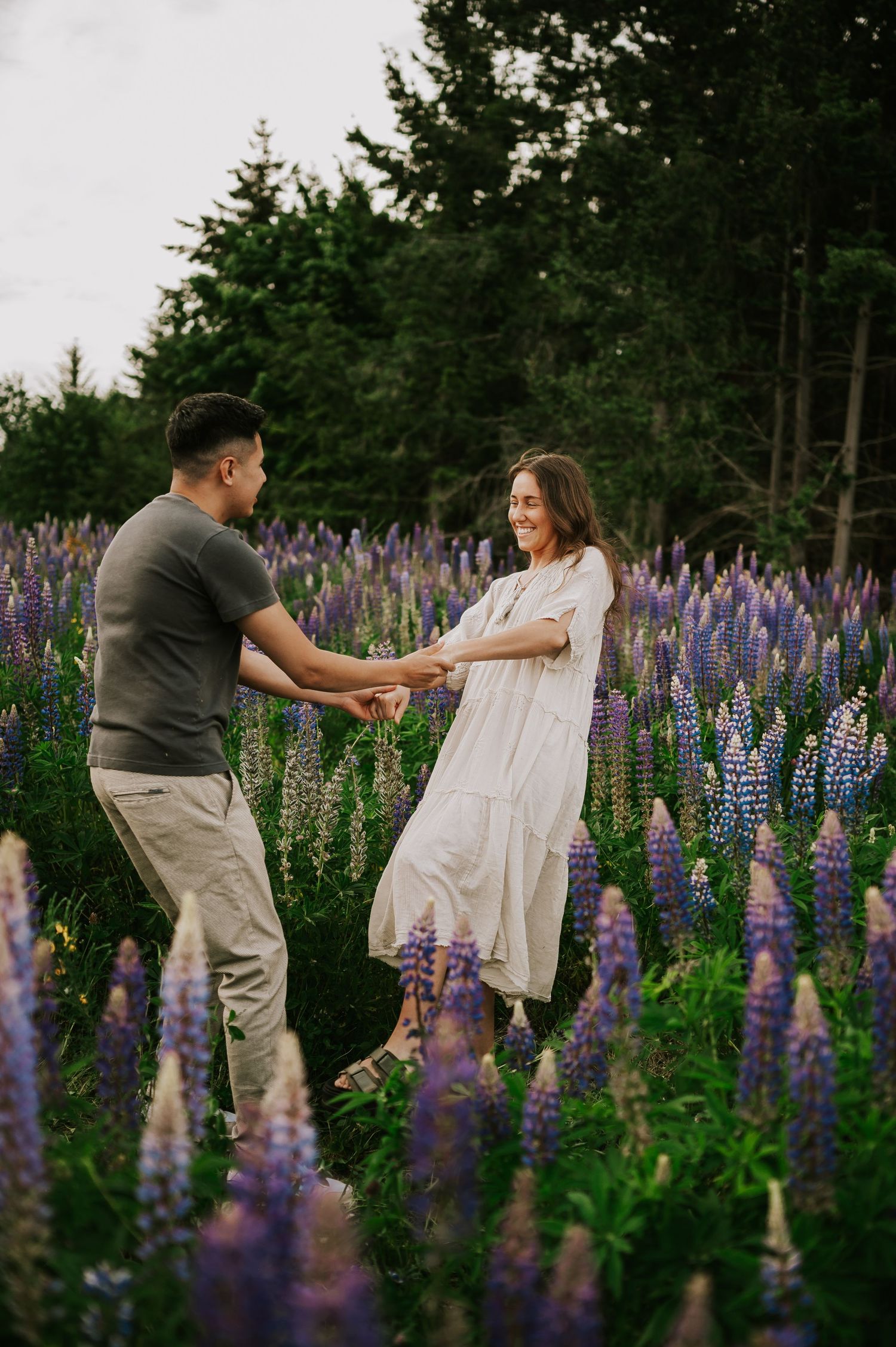 Couple laughing and spinning in lupine field Comox Valley wildflower field locations Photography by Photographer Soulfull Photographs