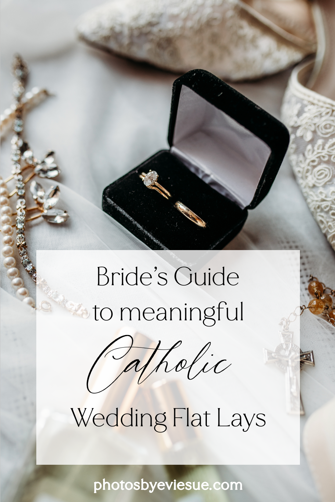 Wedding rings displayed in black velvet box with Catholic wedding guide text overlay and lace accents for the best detail shot flat lays.