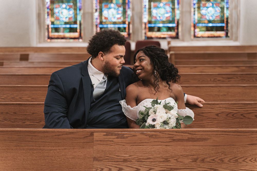 Portrait of groom and bride in church; Small wedding photographer, Middle GA