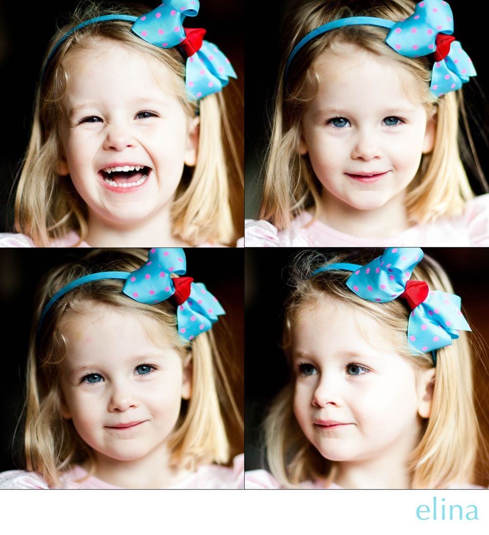 A photo collage displays four close-up portraits with light blonde hair and decorative blue and red hair bows.