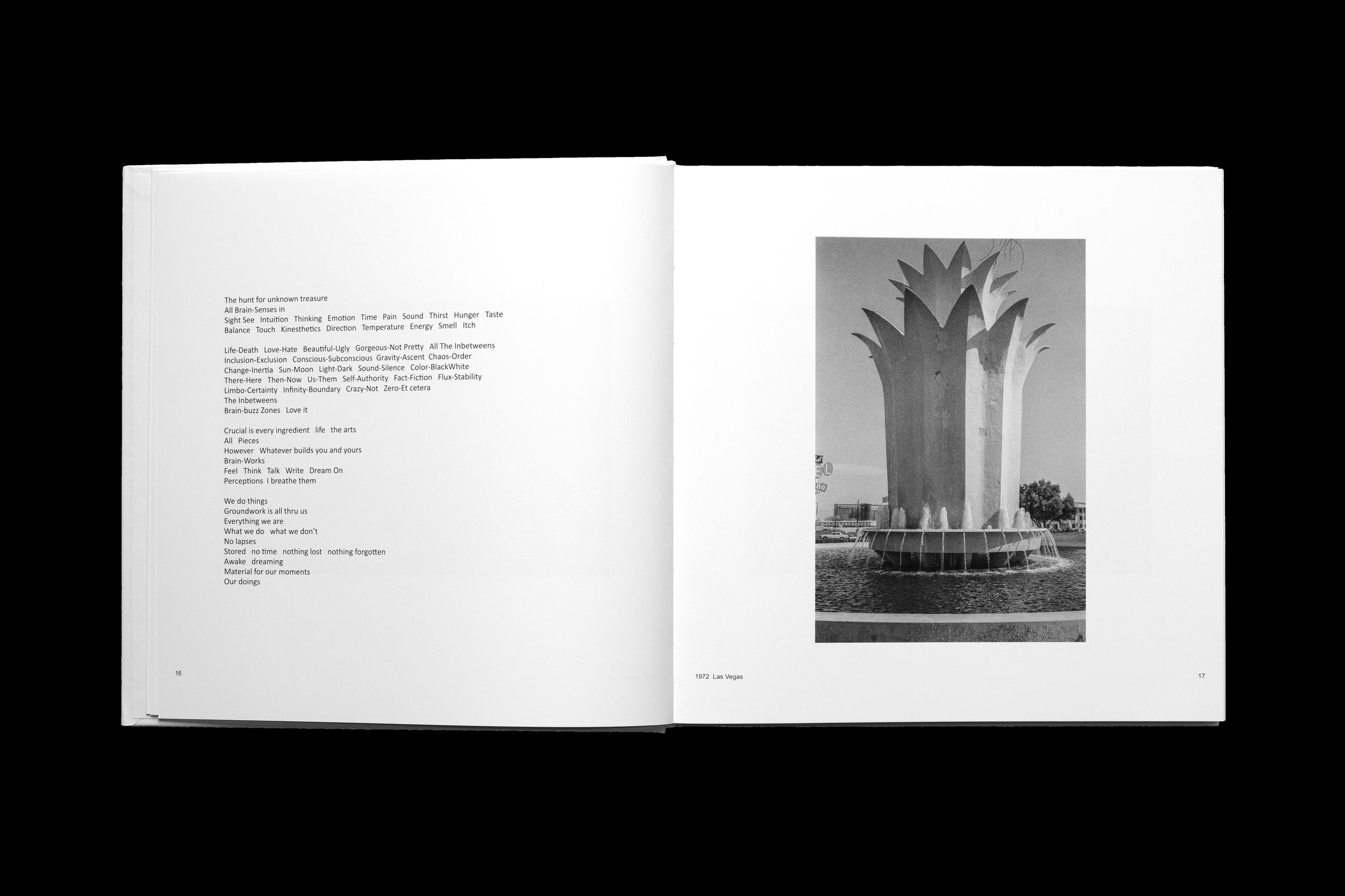 A series of white pages from a book layout showing text and black and white photographs spread across multiple pages.