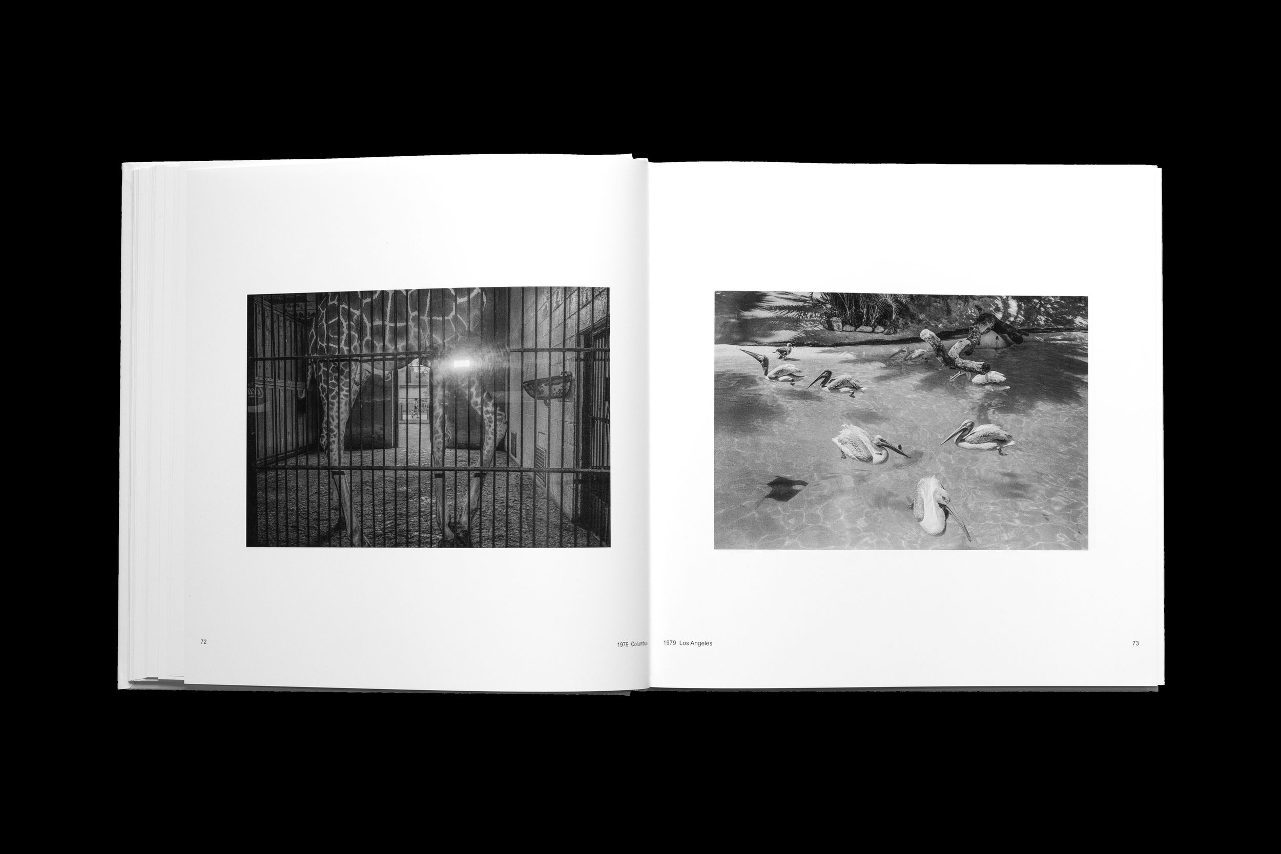 A sequence of black and white photographs arranged in a book layout with white pages and text.