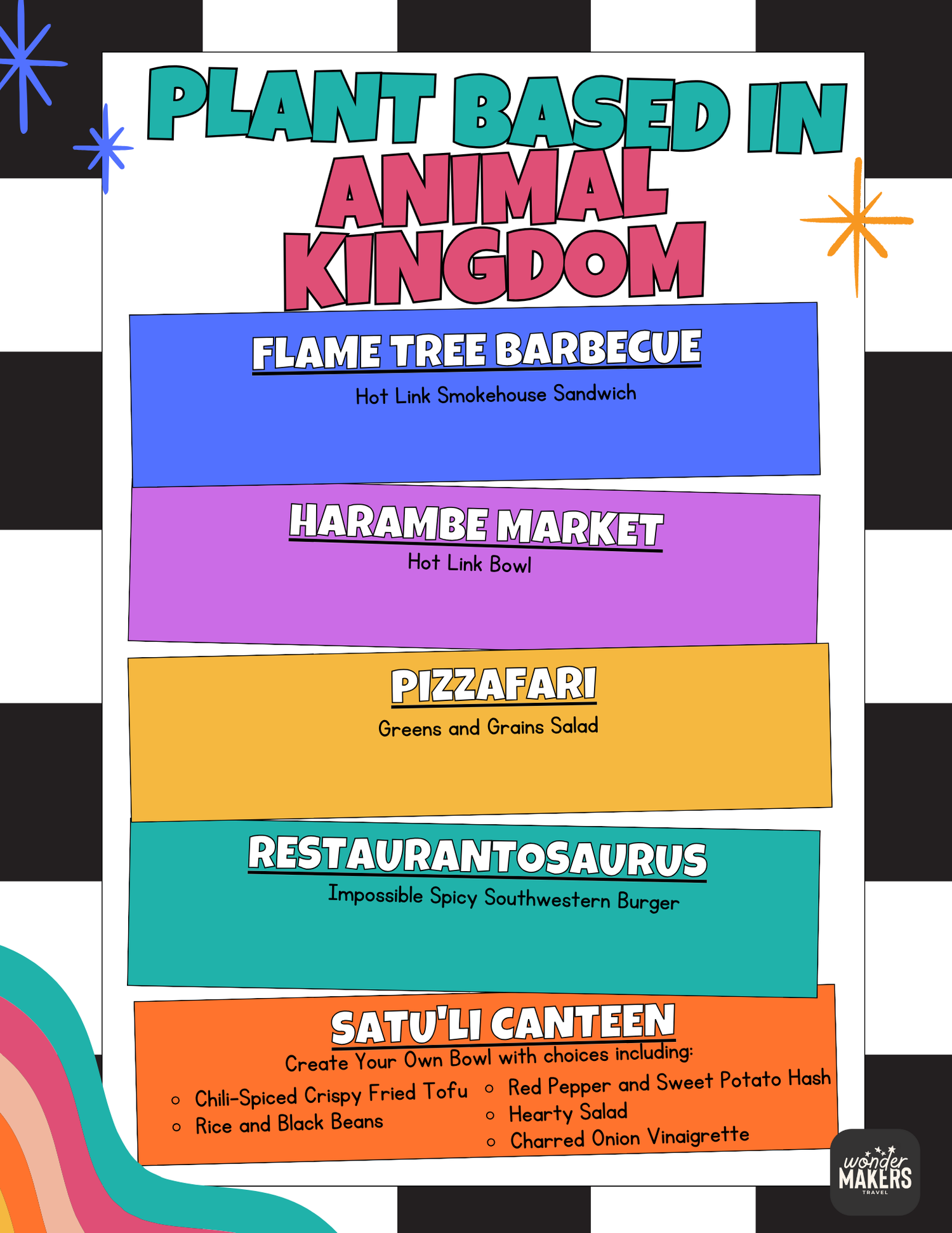 Menu showing plant-based dining options at Animal Kingdom theme park including BBQ, market and restaurants.