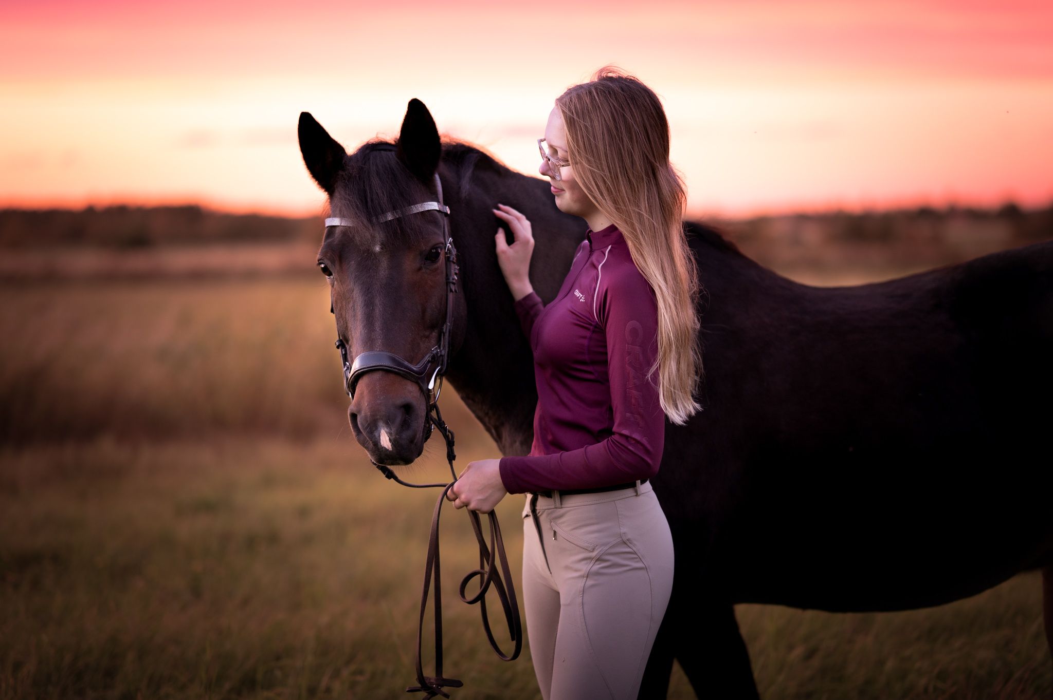 Hästporträtt av häst och ägare i magisk, rosa solnedgång. 
Fotograf Josefina Fotografen