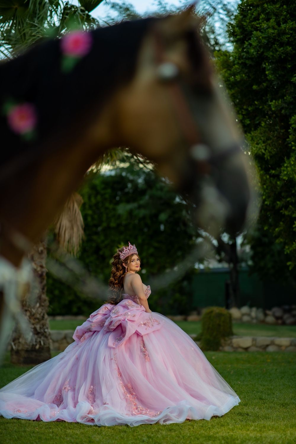 Young woman in pink ball gown with floral crown poses in garden beside a brown horse at golden hour.