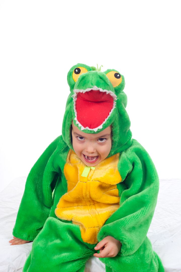 Studio photo of toddler boy in alligator costume.