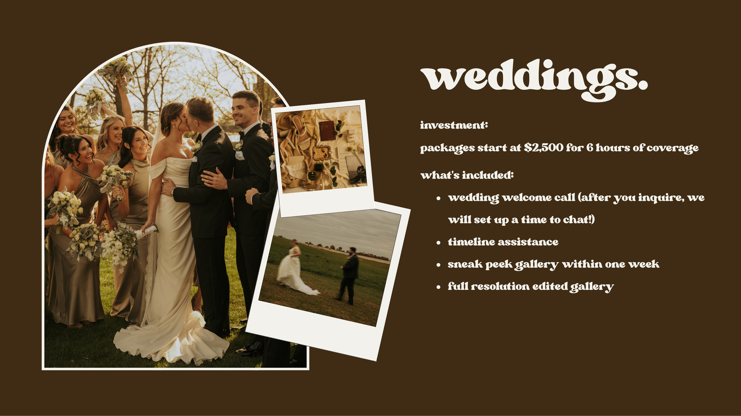 A collage of wedding photography website screenshots showing portfolio galleries and service information.