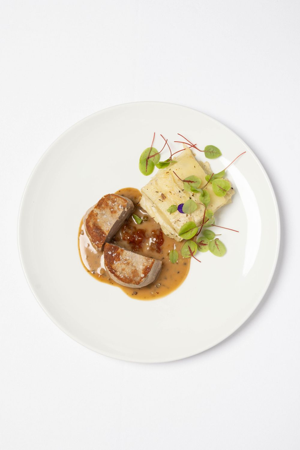 Gourmet plated dish featuring seared meat medallions with brown sauce and a delicate microgreen garnished side.