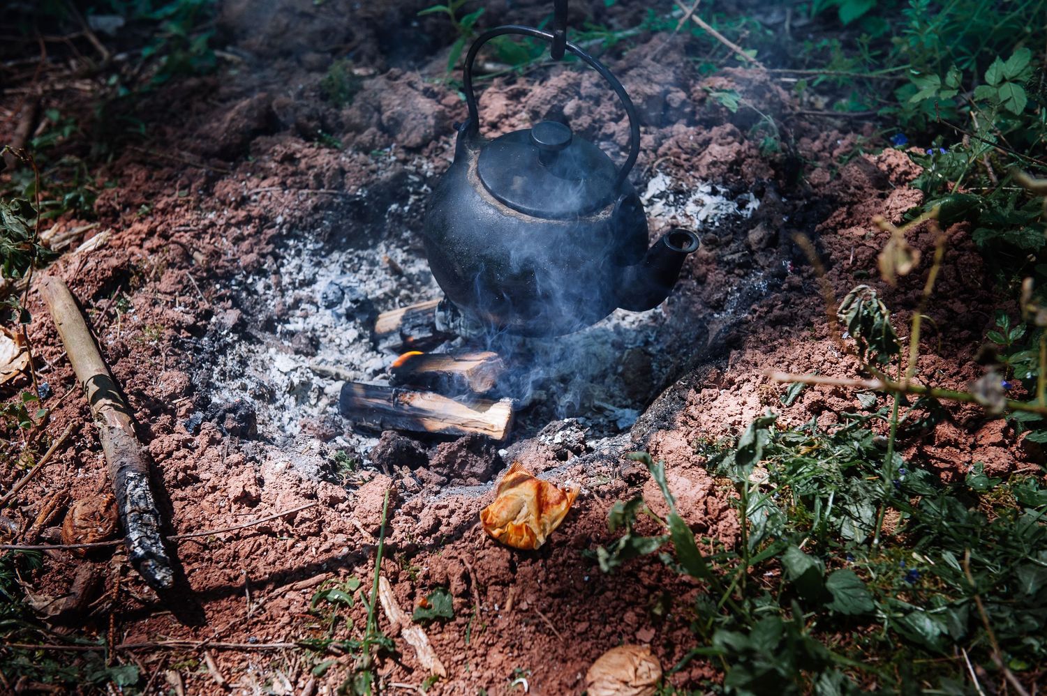 Smoldering ashes and burnt wood remnants on forest floor after controlled burn.