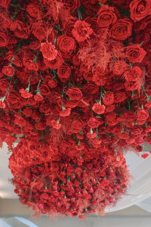 Lush ceiling installation of red roses and carnations creating a stunning floral display.