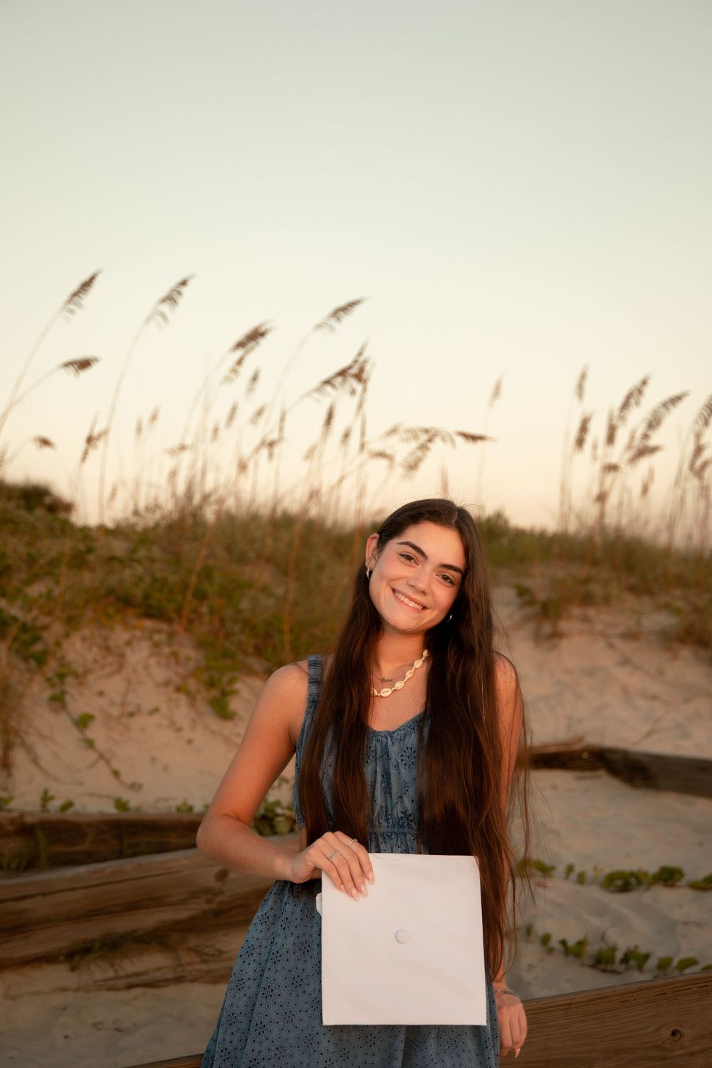 Person in denim dress sitting by sea oats on beach holding blank sign.