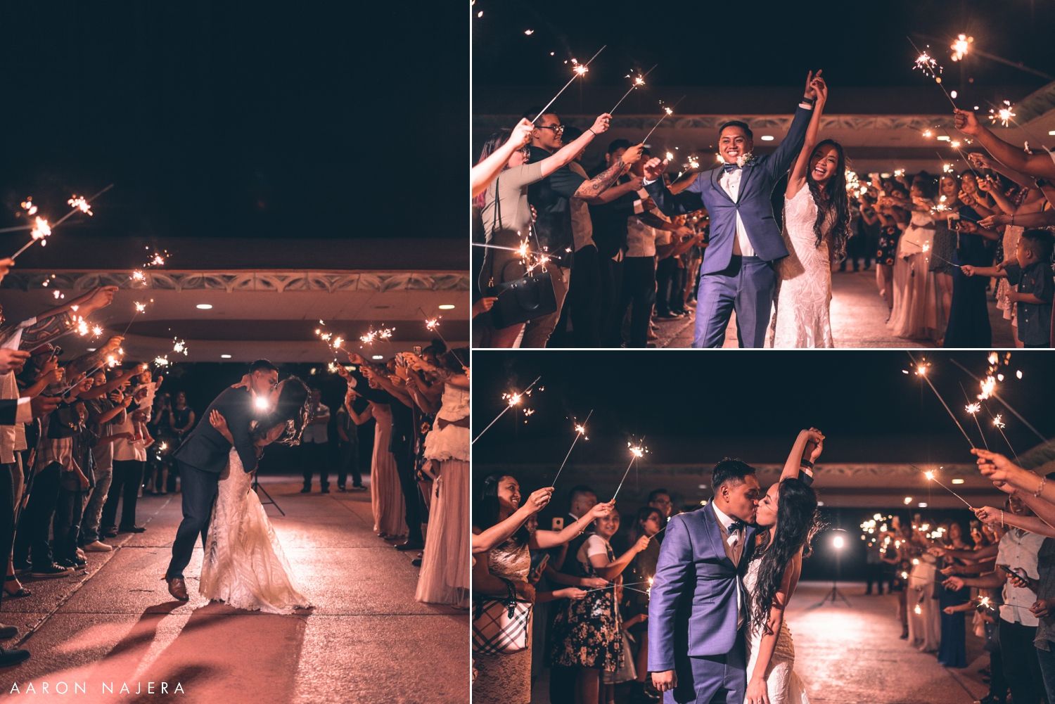 Wedding guests create a magical sparkler tunnel for the newlyweds' grand exit.