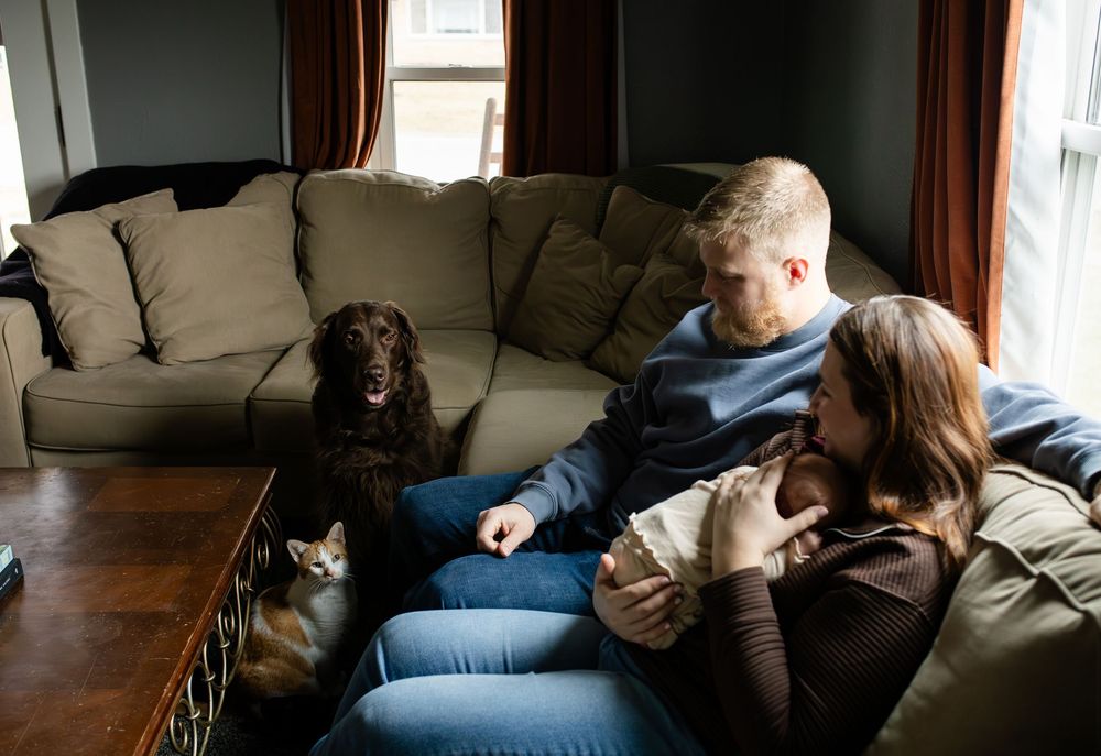 Two people and a cat relax comfortably on a couch in a sunlit living room.