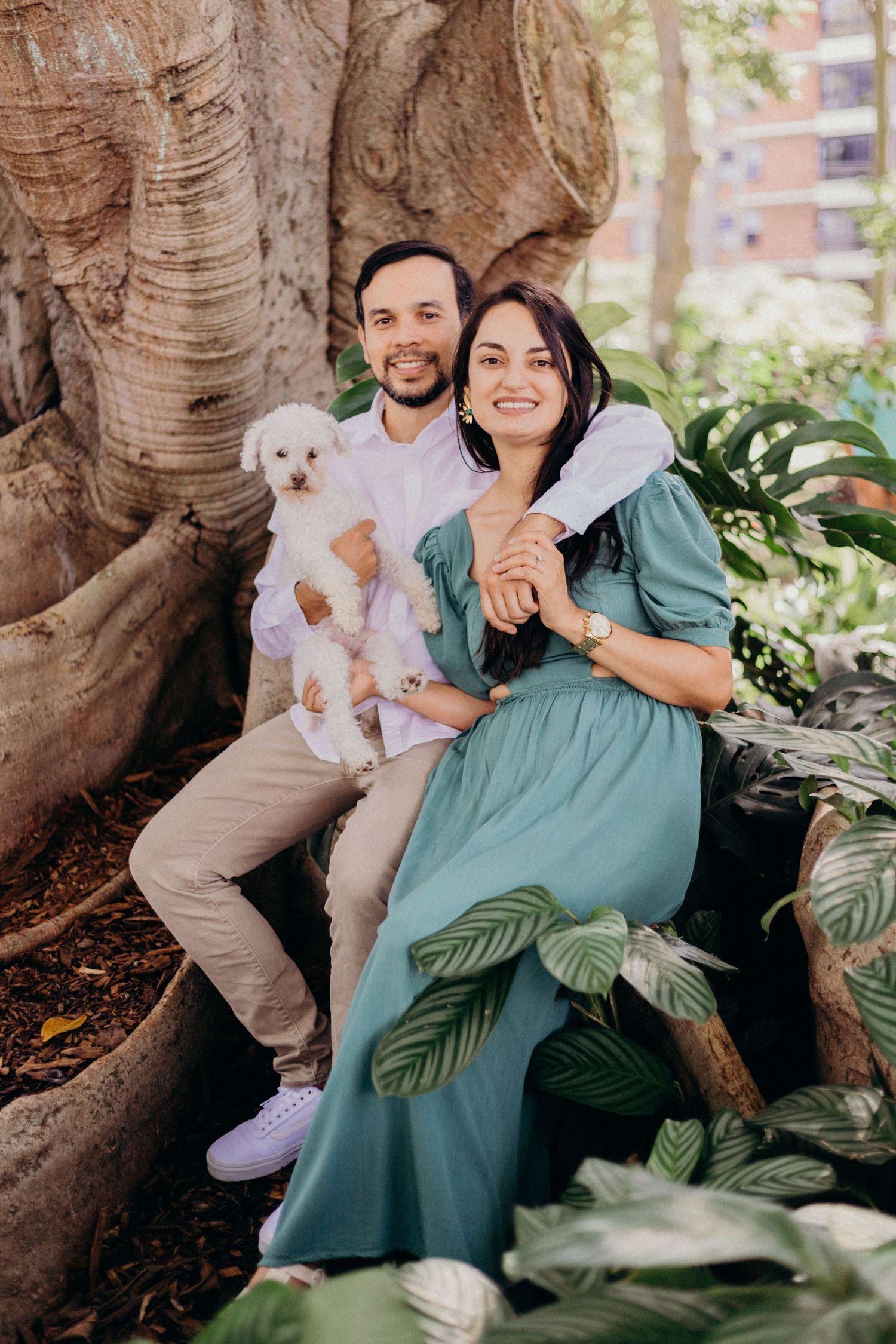 Couple posing with their small white puppy under a large tree with exposed roots.